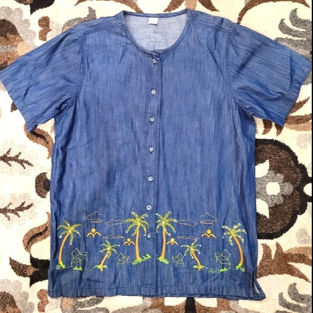 Vtg Dark Wash Denim Palm Tree Embroidered Button Up Shirt Large - Picture 2 of 7